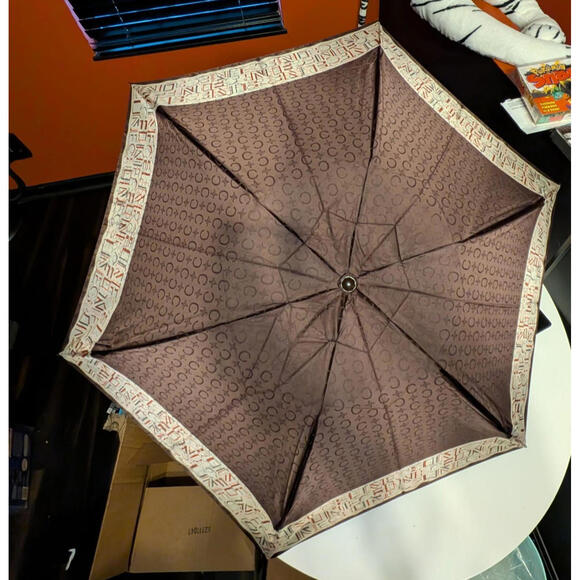 Extremely Rare! Vintage Wooden Handle! Celine Triomphe Folding Umbrella Macadam